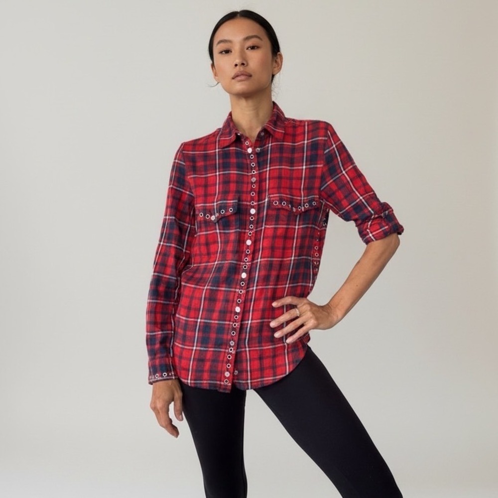 Zadig & Voltaire Red Plaid Grommet Tervor Carreaux Flannel Shirt Womens S